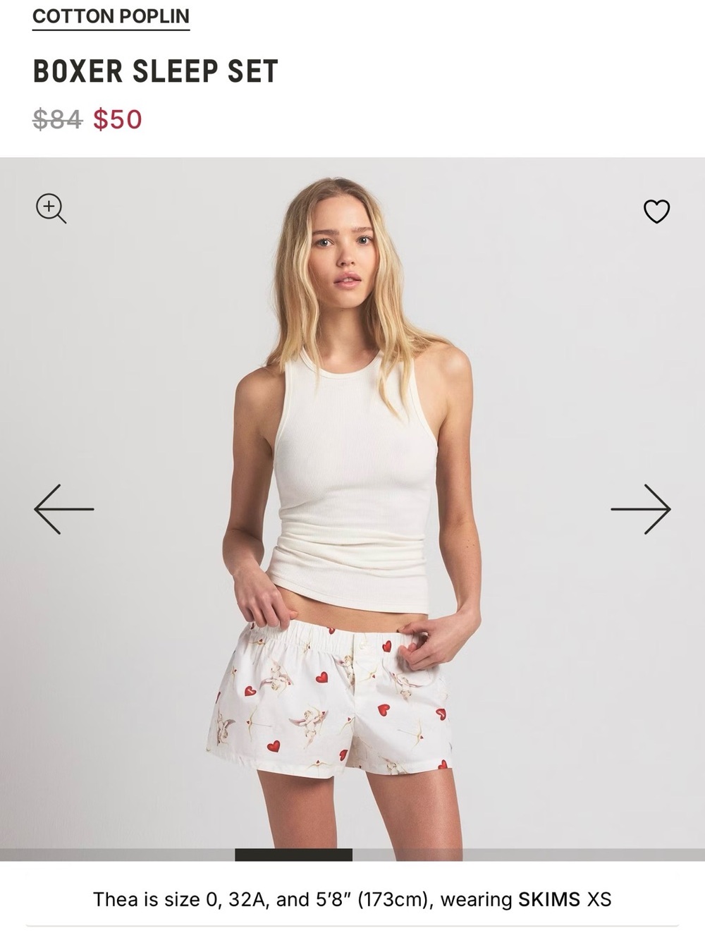 SKIMS Cream Tank & Cream Boxer Sleep Shorts with Red Heart Print